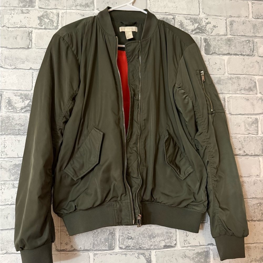 H&M Olive Green Bomber Jacket with Red Lining